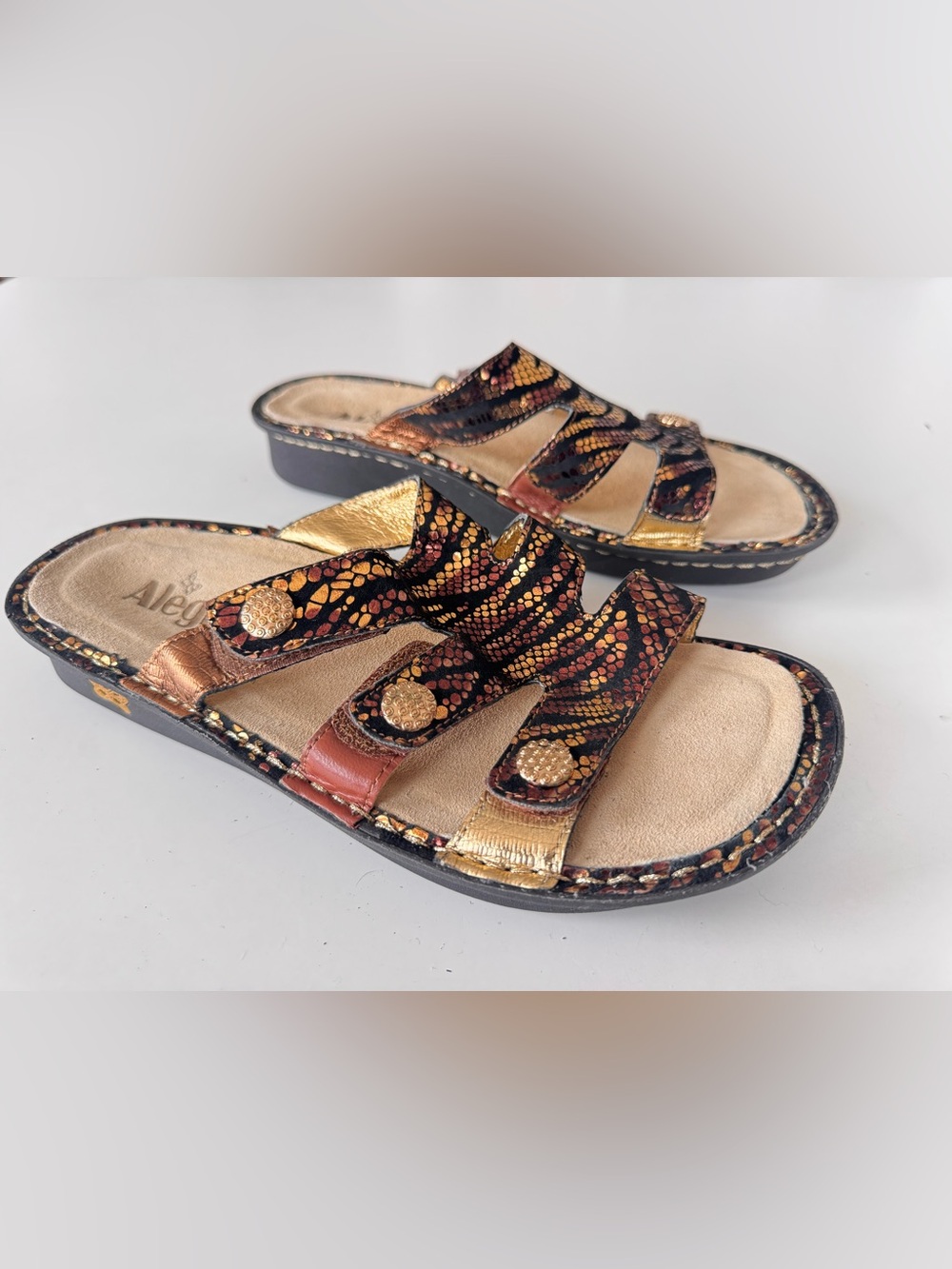 Alegria Venice Bronze Metallic slip Strap snake print Comfort Sandals Shoes 38